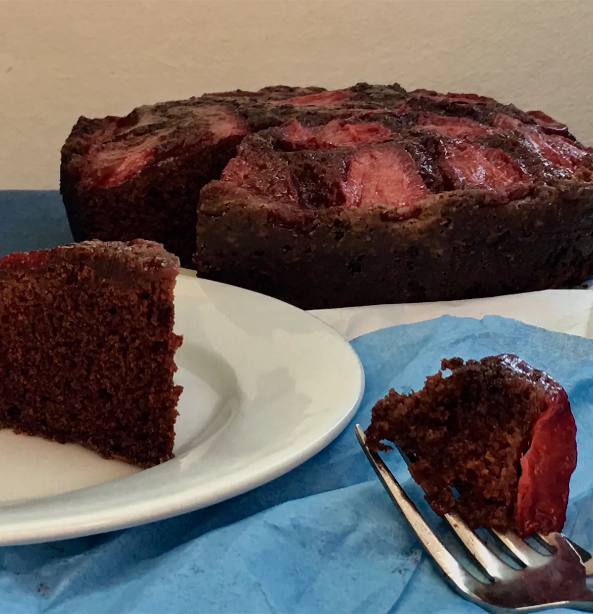 Chocolate strawberry upside down cake..